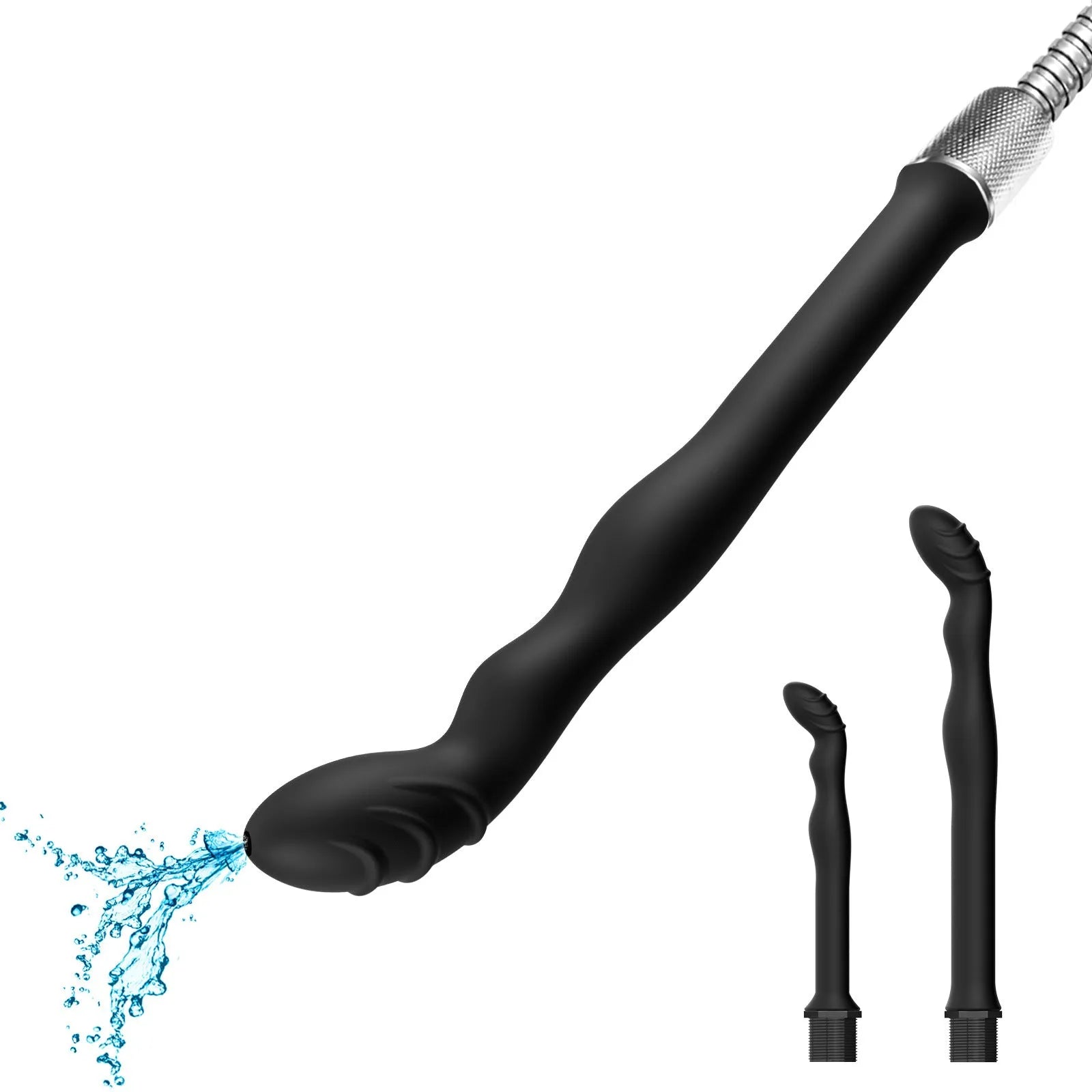 Black silicone sausage filler hosepipe flusher for cleaning, shown with enema.