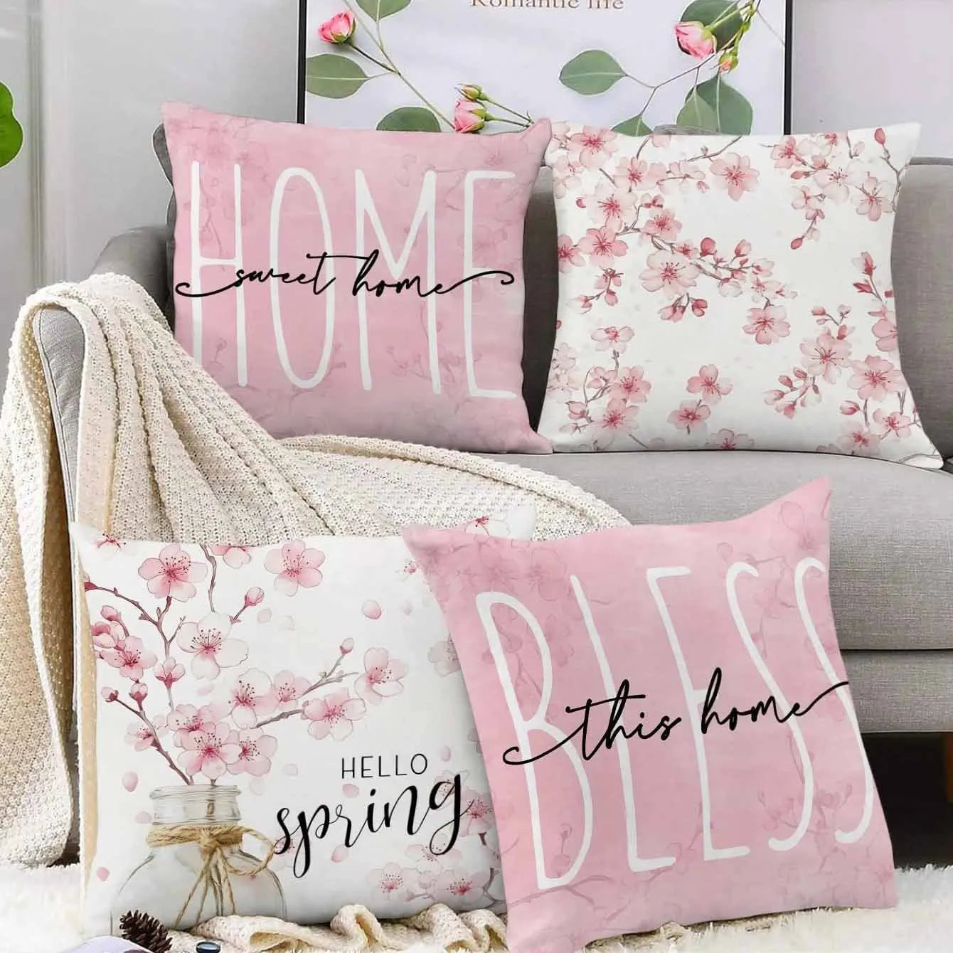 Short velvet cushion cover with spring cherry blossom and letter design, 45x45cm.