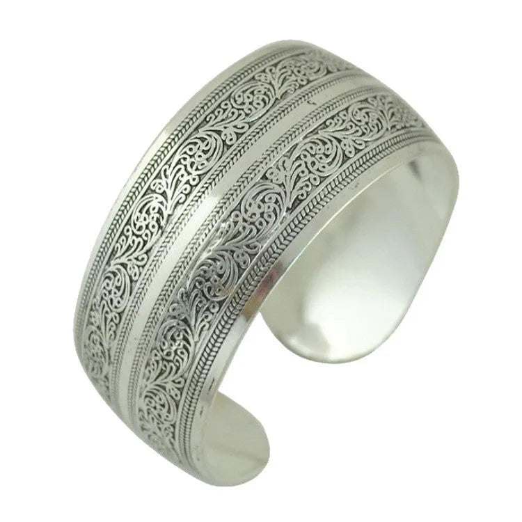 Ethnic carved open Miao silver style bracelet in alloy with Roman shape, elephant colour option