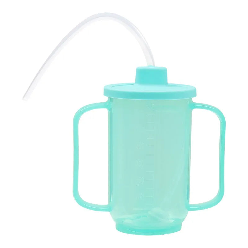Oblique mouth choke proof drinking cup with optional wrist splint for elderly and pregnant women bed use