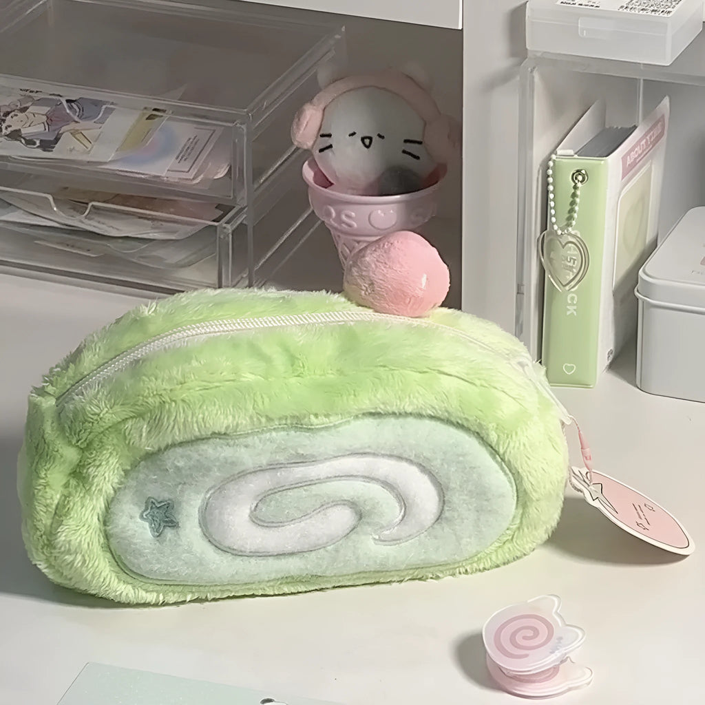Honeydew colour velvet pencil case with swiss roll cake design for stationery storage