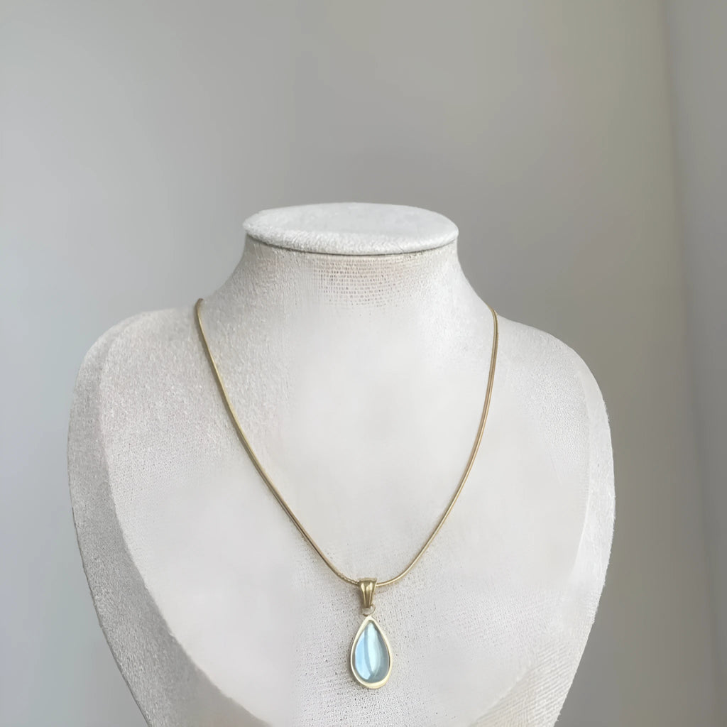 Retro blue and green water drop necklace with mixed gem inlay on titanium steel snake chain