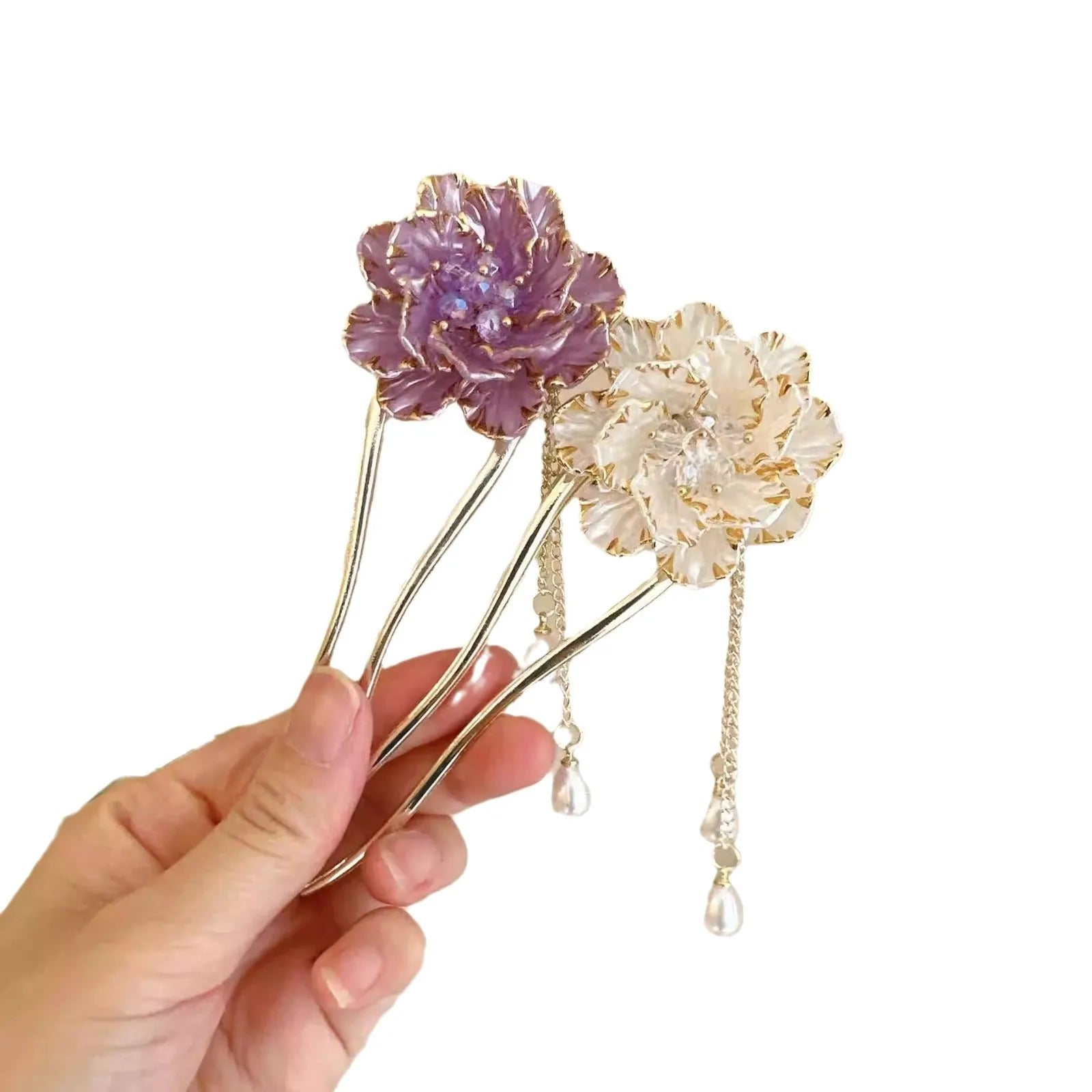 Purple and white retro peony flower U-shaped hairpin with tassel detail on alloy base
