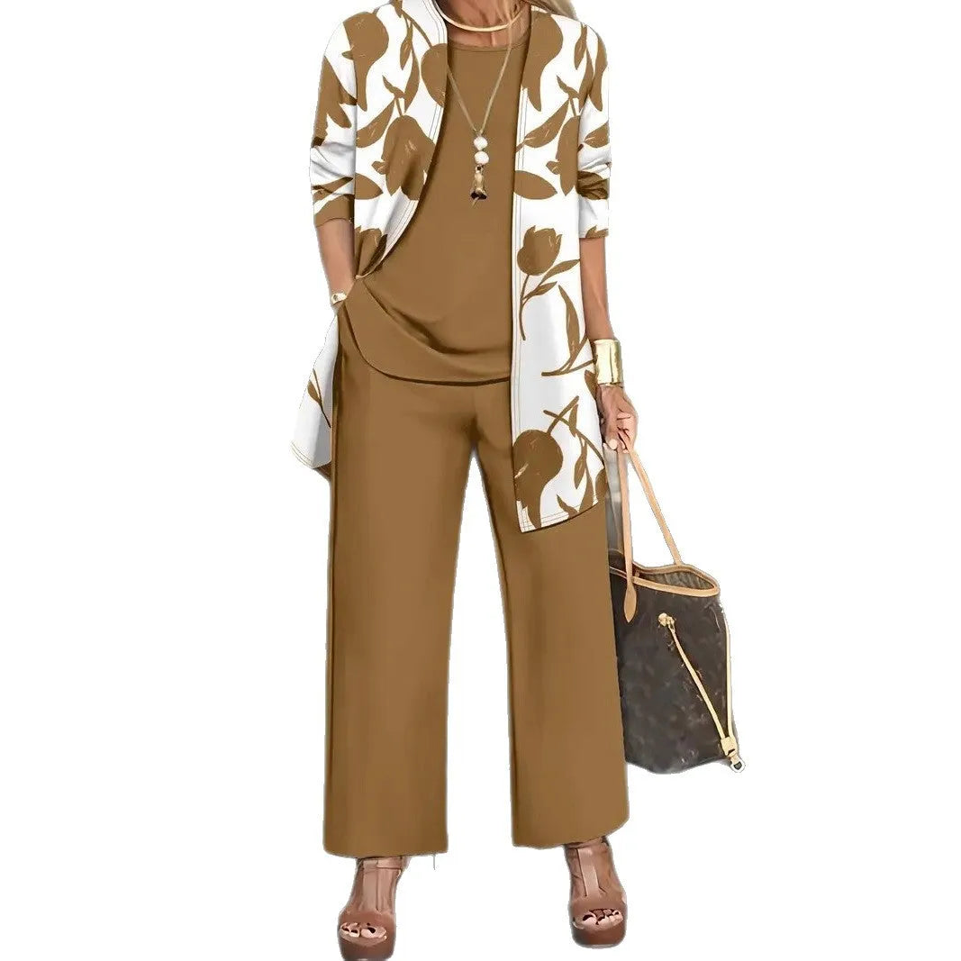 Women's three-piece casual suit set in polyester, showing coat, vest, and trousers in a printed design.