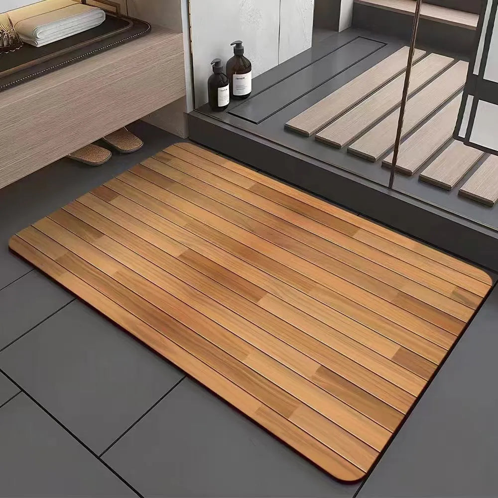 Square American wood grain geometric pattern diatom ooze bathroom floor mat on tiles.