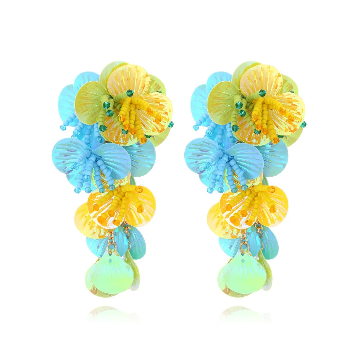 Handmade string bead flower earrings in purple, rose, and multicolour exaggerated designs