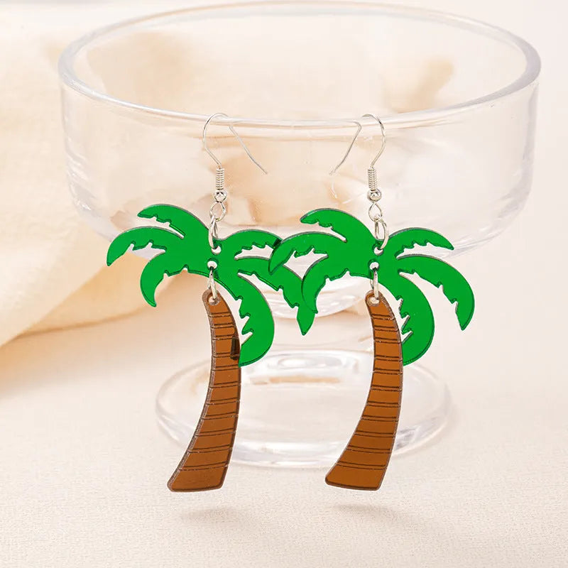 A pair of drop-shaped acrylic earrings designed like coconut leaves, in one of five colour variations.