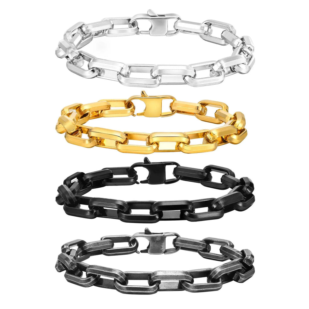 Men's square chain titanium stainless steel bracelet in black, gold, steel, and retro colours.