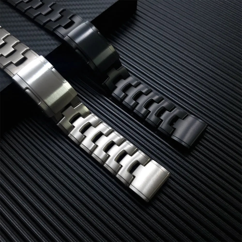 Garmin Jiaming Fenix watch replacement strap in black, silver, titanium colours showing 22mm and 26mm width options