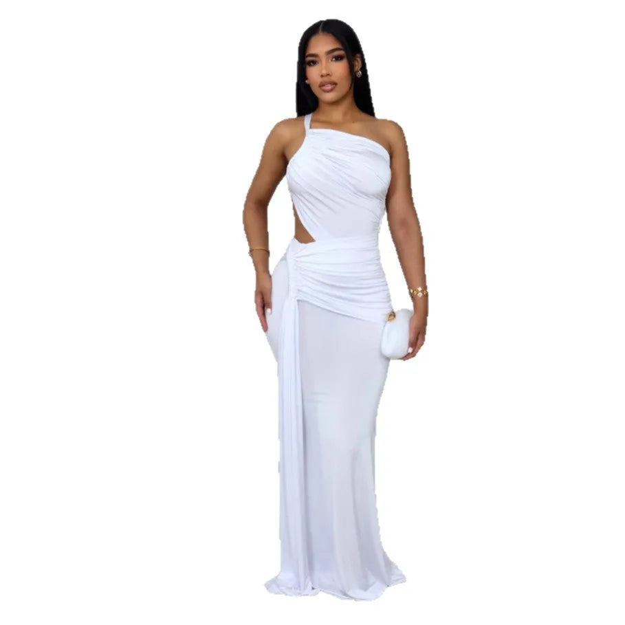 Women's solid colour long dress with one shoulder design and pleated skirt in milk silk fabric