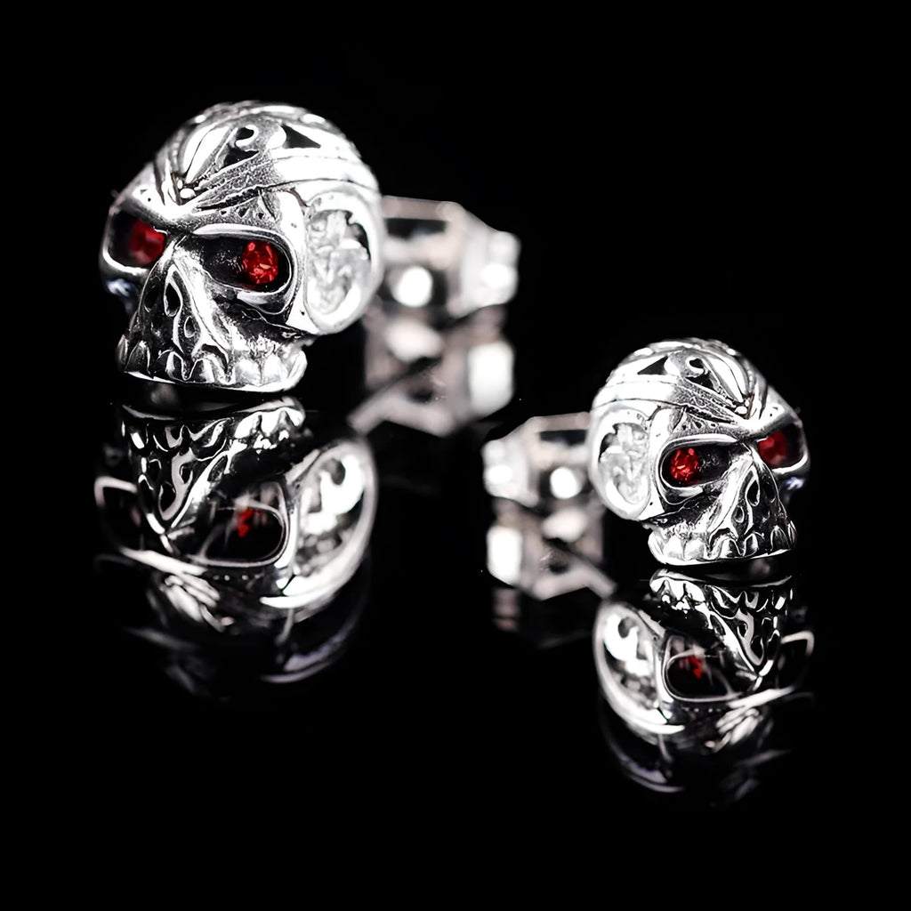 Retro skull stud earrings with red eye ghost head design and alloy gemstone inlay
