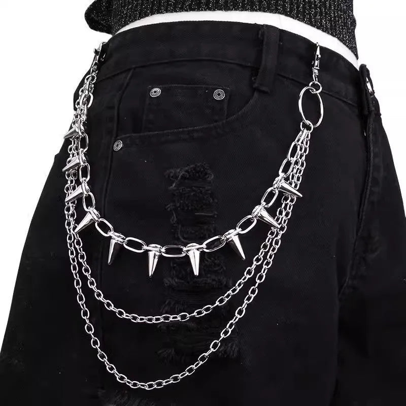 Silver metal punk pants chain with double layer rivet design measuring 115 cm