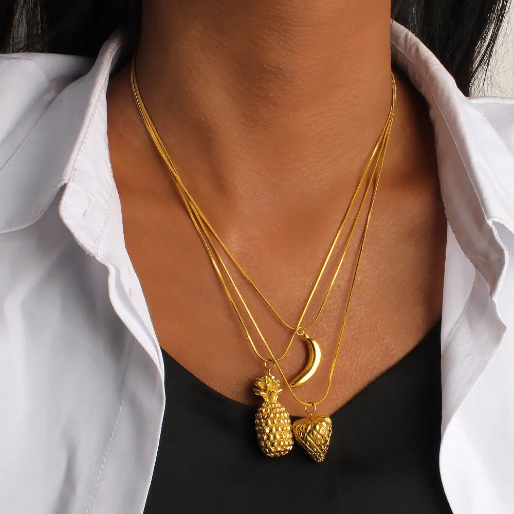Stainless steel necklace with a choice of apple, grape, watermelon, pineapple, strawberry, or banana fruit pendant.
