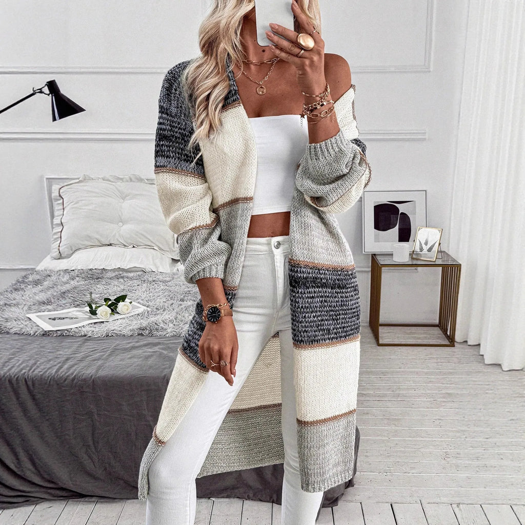 Grey striped plaid knitted cardigan loose fit long sleeve women's casual
