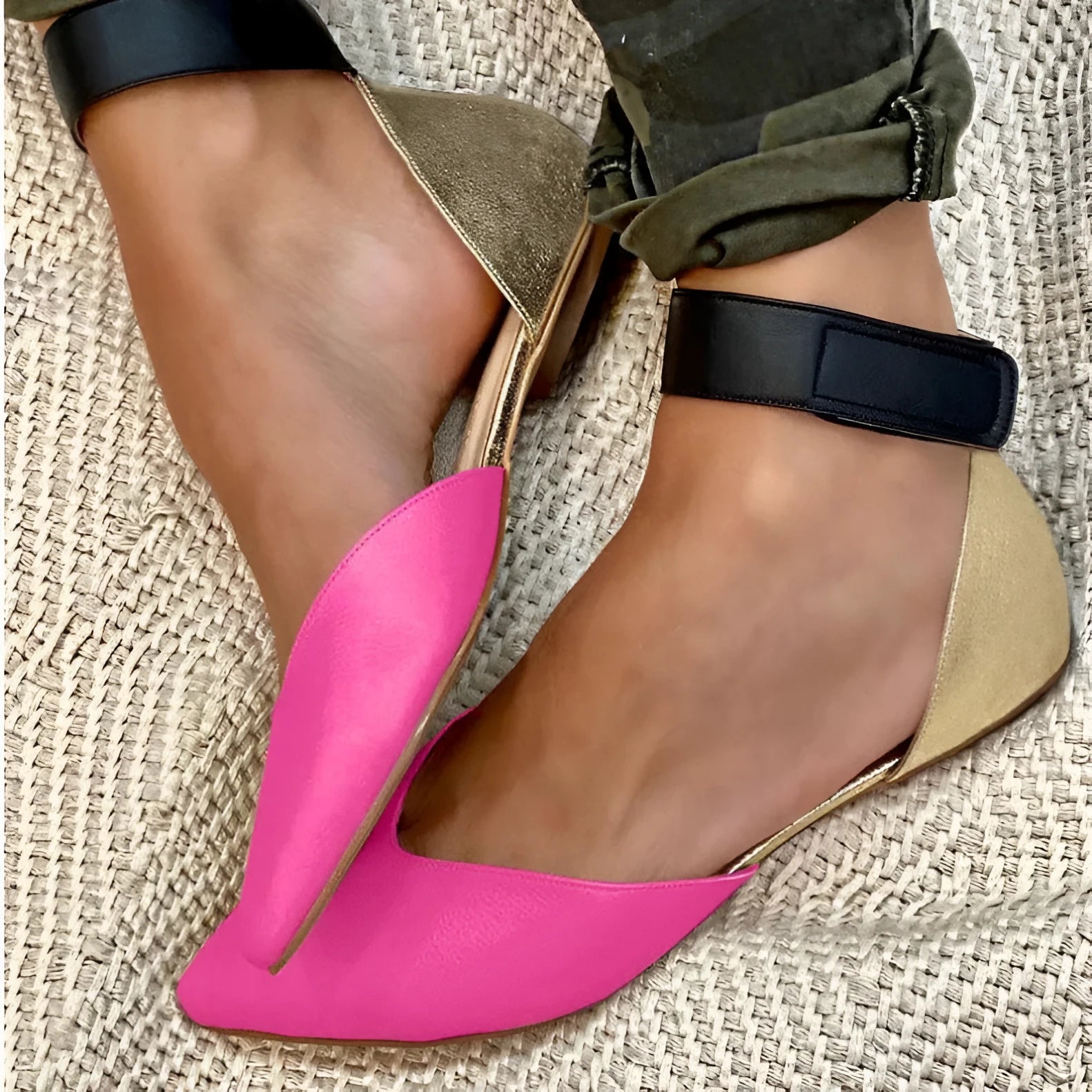 Women's beige velcro sandals with hollowed design and flat heel on wooden floor