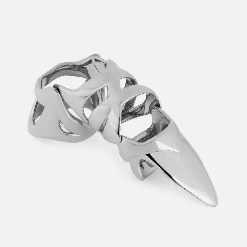 Silver alloy punk armour finger stall ring on a single finger.