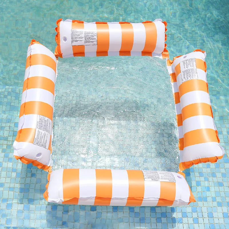 Inflatable four-tube striped deck chair floating on water showing light blue colour option