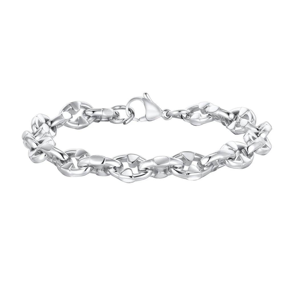 A thick stainless steel chain bracelet with geometric links, shown in a steel colour.