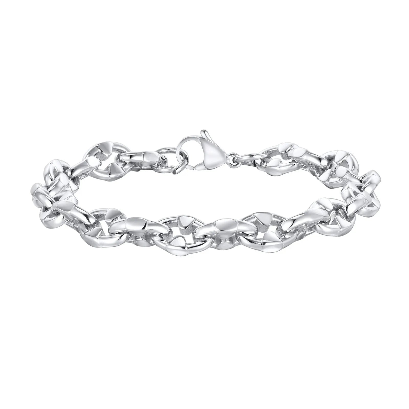 A thick stainless steel chain bracelet with geometric links, shown in a steel colour.