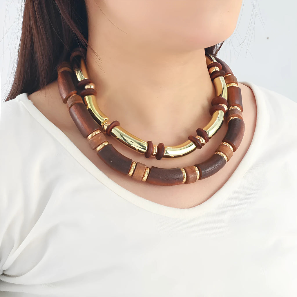 Ladies alloy necklace and bracelet set with a multi-layer wooden pendant.