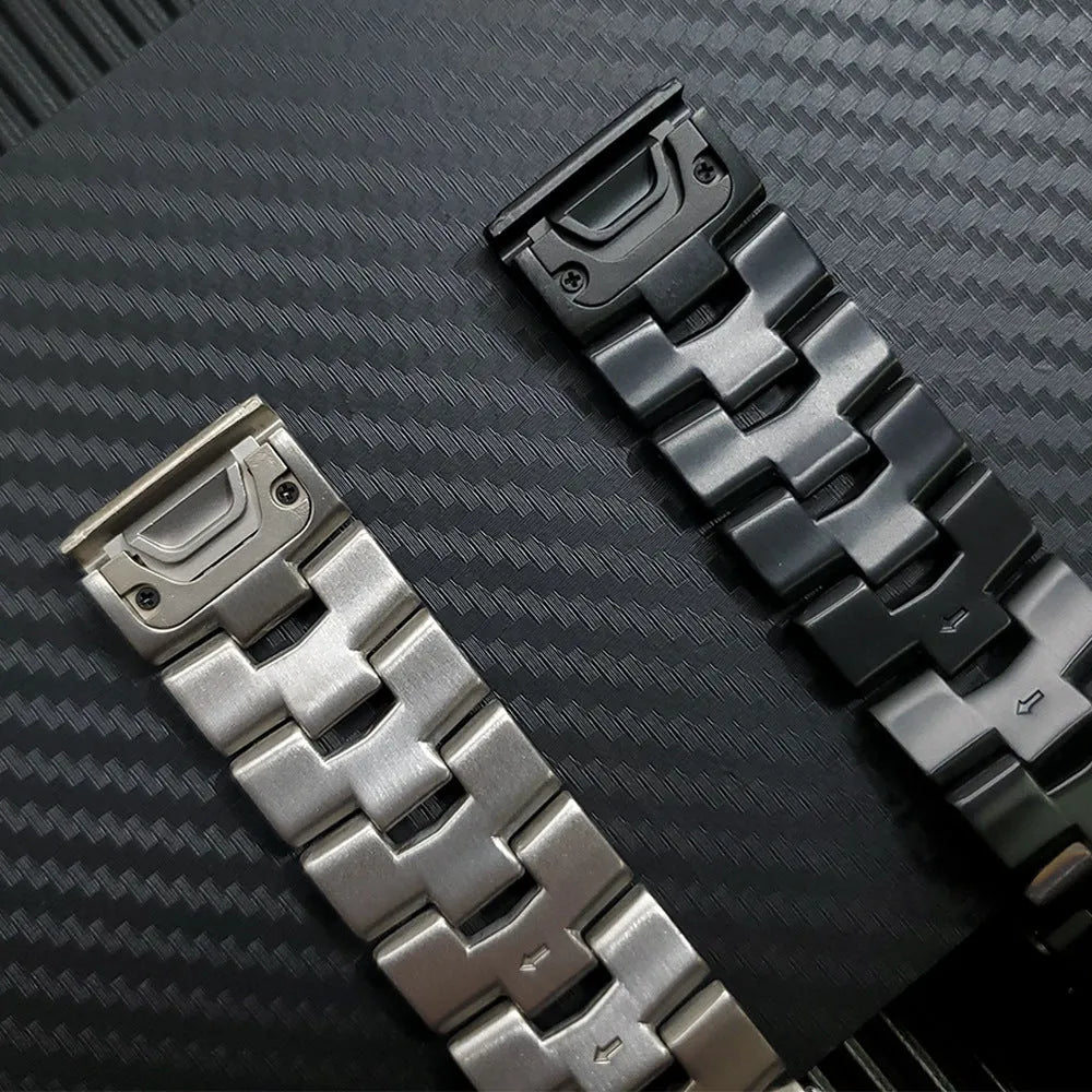 Garmin Jiaming Fenix watch replacement strap in black, silver, titanium colours showing 22mm and 26mm width options