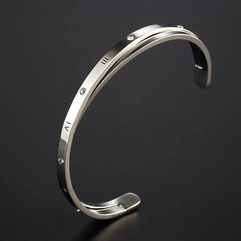 Adjustable open-ended bracelet with love heart design in gold, rose gold, or silver stainless steel finish