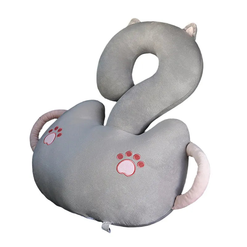 Square cartoon cushion with question mark and animal hug design in assorted colours on a neutral background.