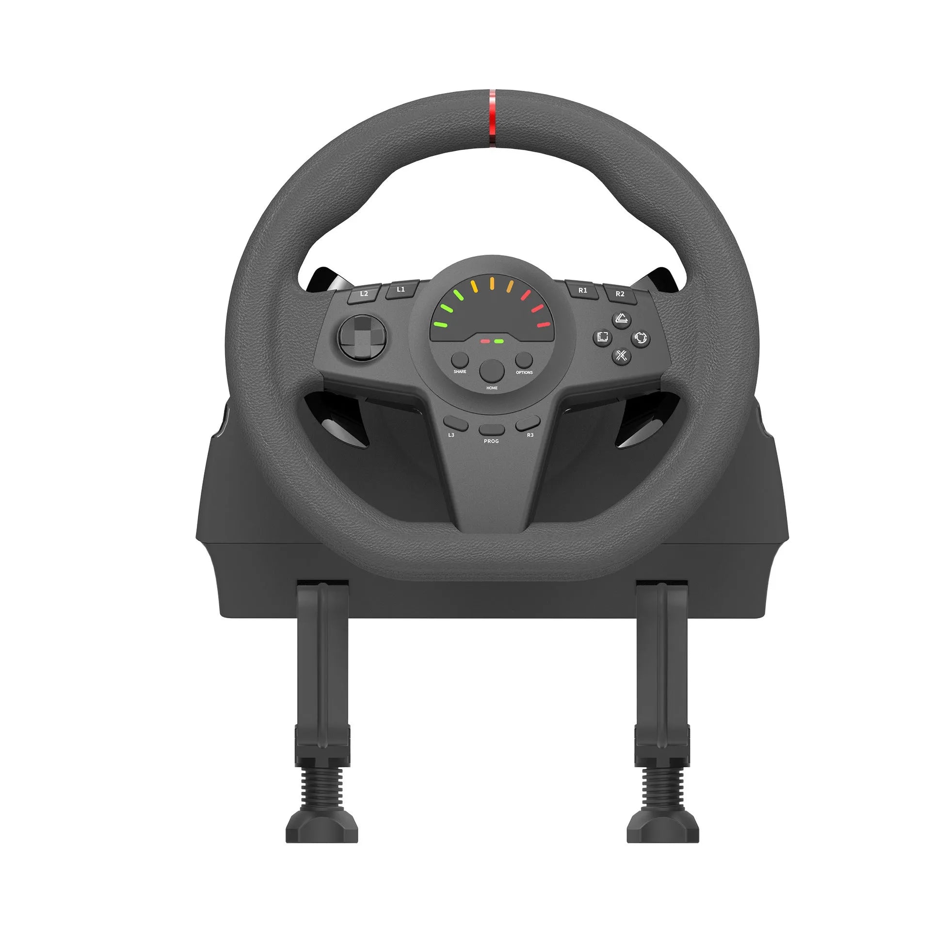 Black multi-platform gaming steering wheel with two pedals and paddle shifters on manual bracket