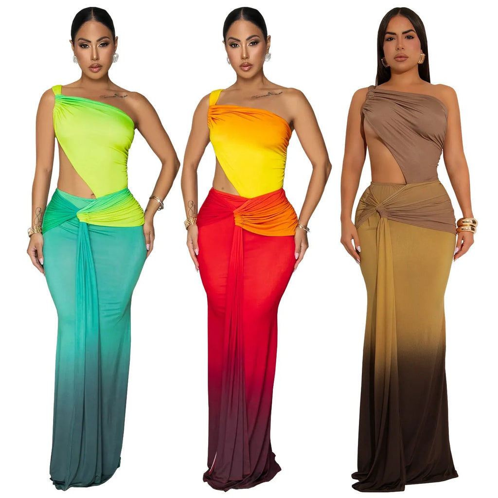 Brown gradient sleeveless dress with cross-shoulder straps and a long skirt on a model.