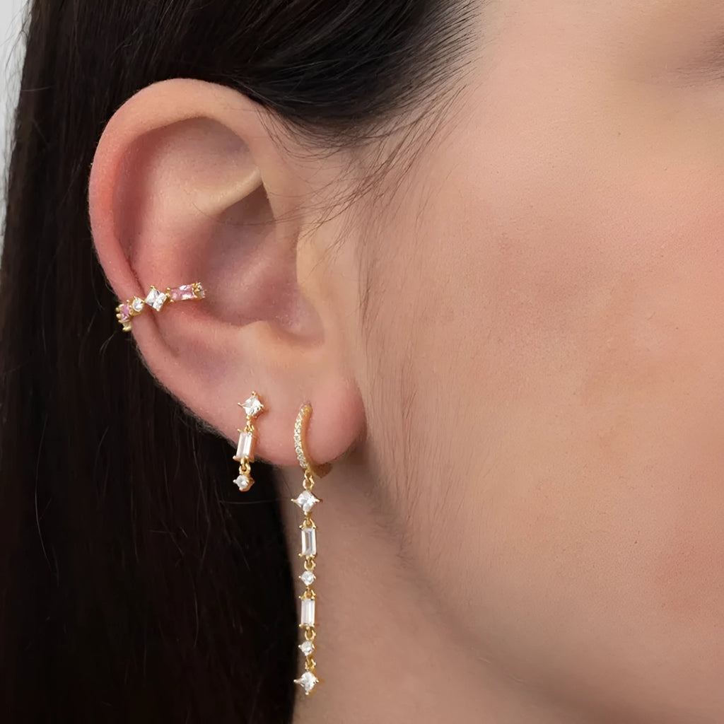 Sterling silver geometric U-shaped ear clips with micro-inlaid colourful zircon stones and alloy posts