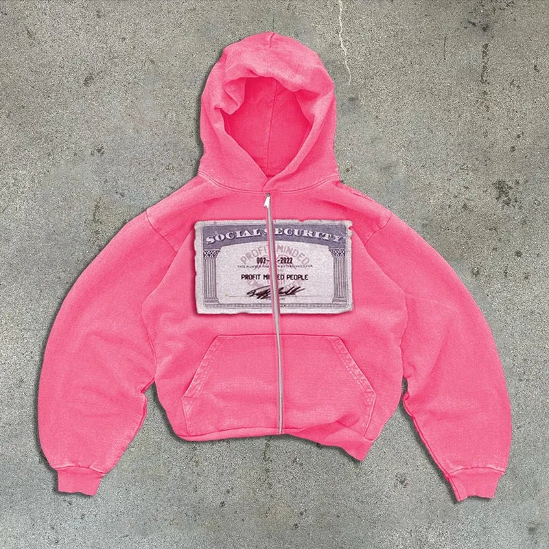 A loose-fitting unisex hoodie jacket with a front zipper, hood, and zip pockets, featuring a letter print.