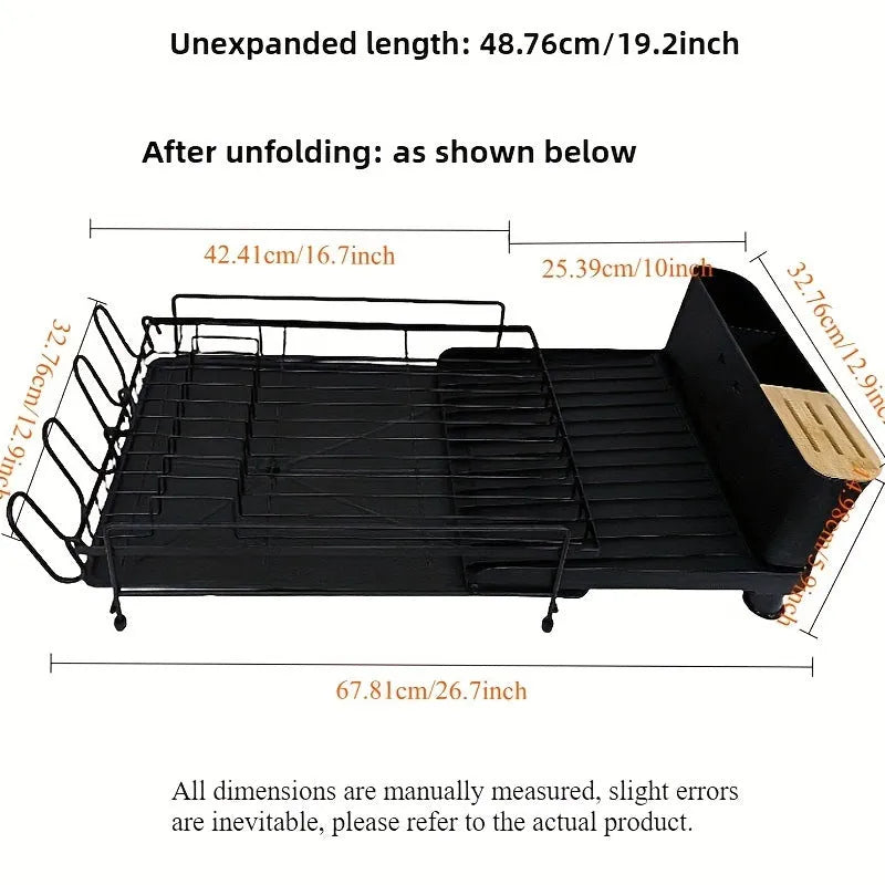 Black retractable kitchen dish drying rack for cutlery and utensils