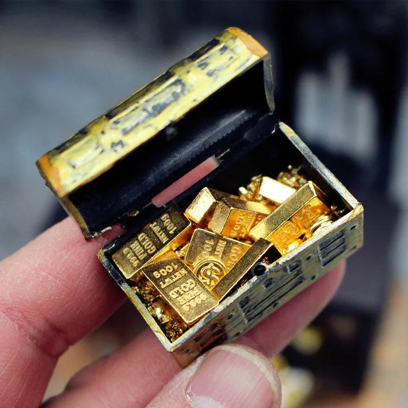 Alloy gold coin treasure box and gold bar doll house accessory set.