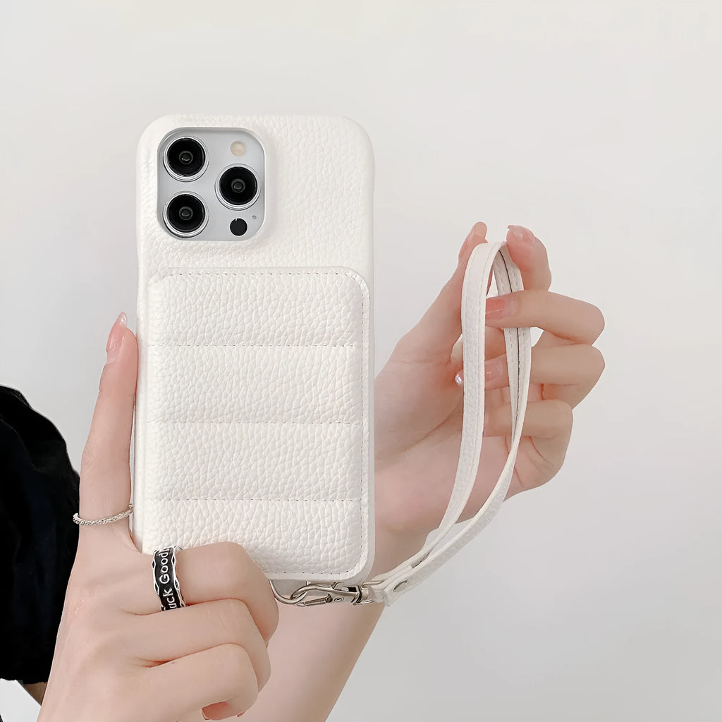 Drop-resistant leather down card holder phone case for iPhone in black with lanyard and bracket