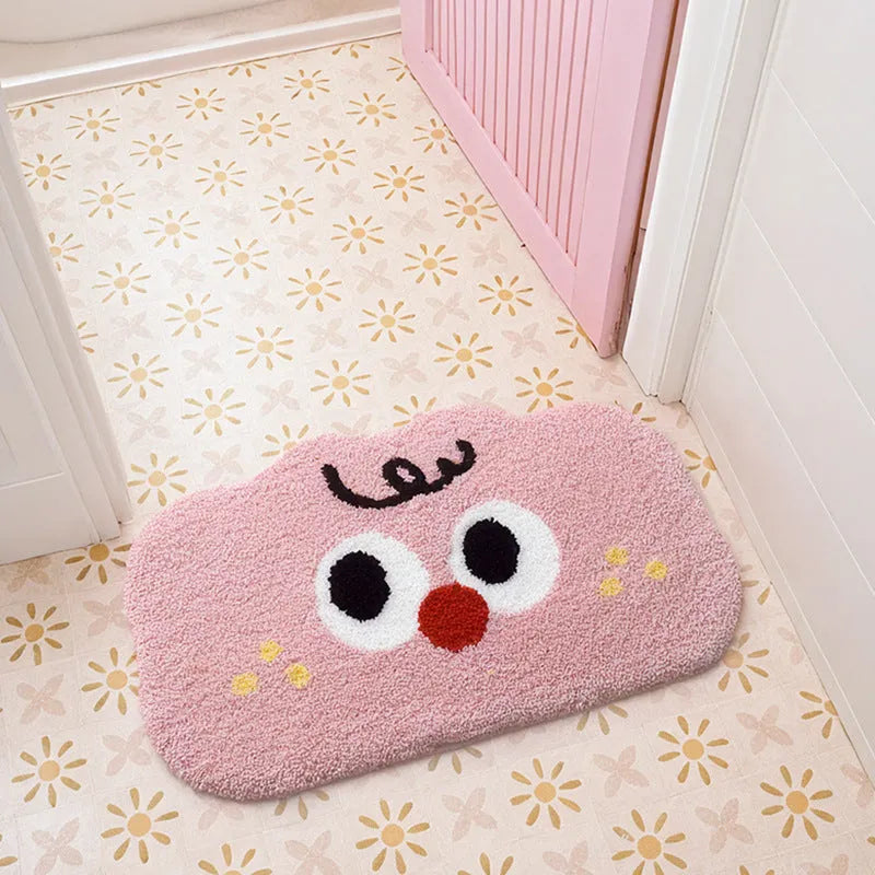 Colourful Big Eye Clouds cartoon character printed on a soft, plush light green bathroom mat.
