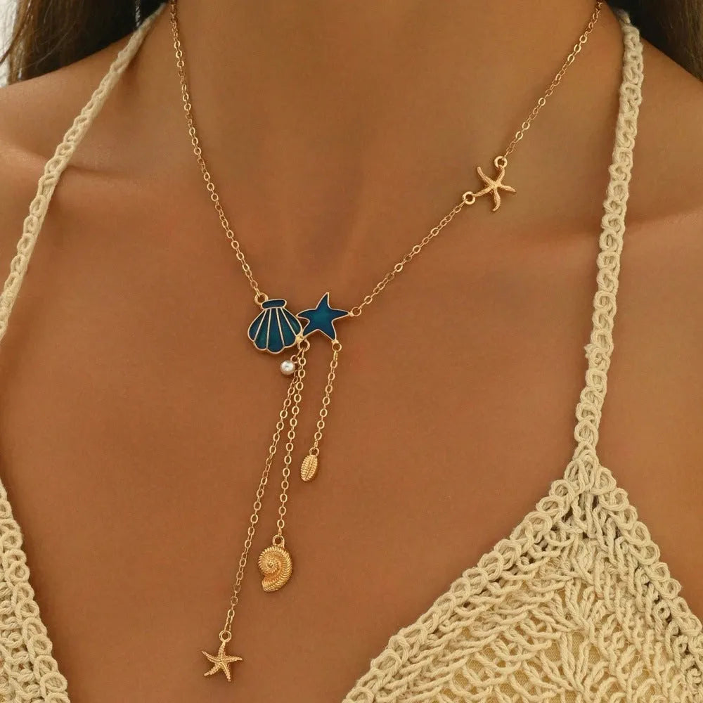 Simple starfish and shell pendant necklace for women, mixed gem inlay, alloy, ABS pearl, dripping oil, O-ring chain