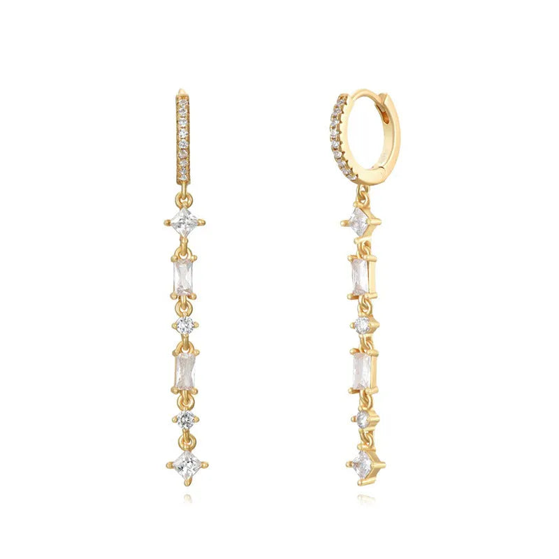 Sterling silver geometric U-shaped ear clips with micro-inlaid colourful zircon stones and alloy posts