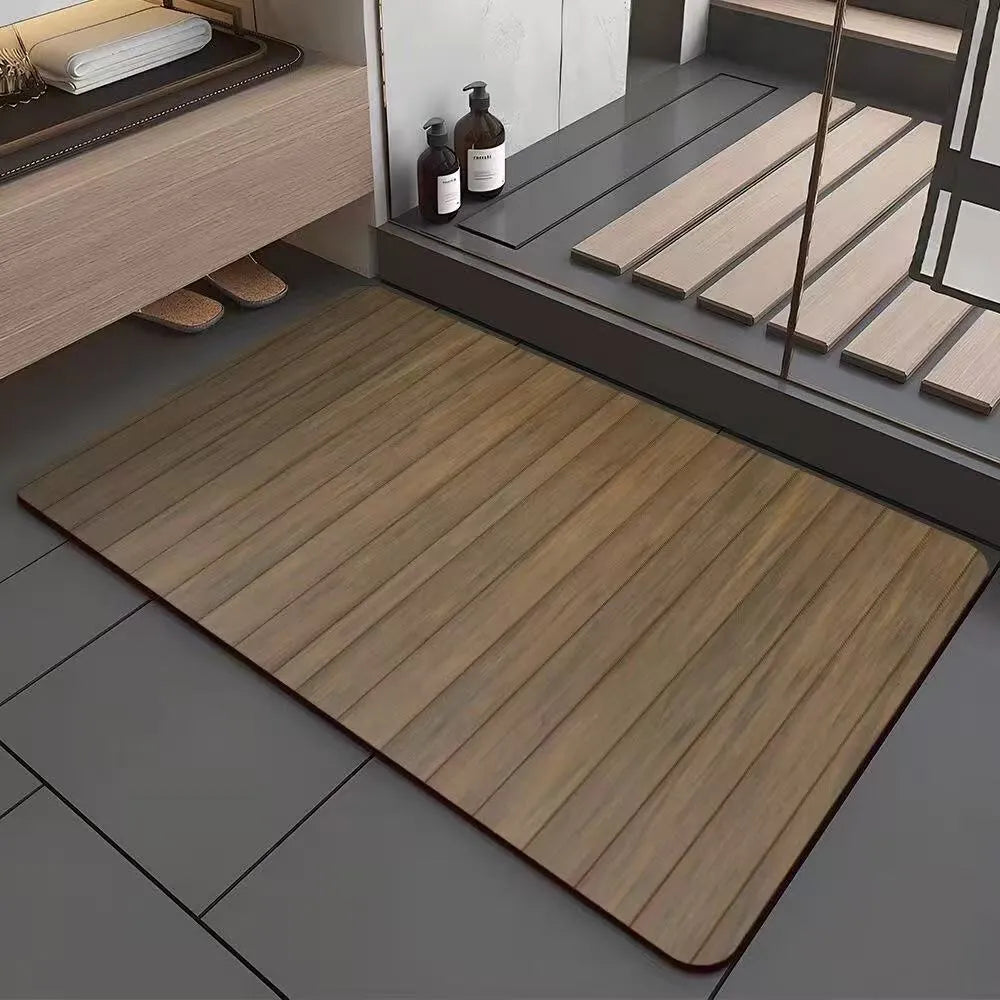 Square American wood grain geometric pattern diatom ooze bathroom floor mat on tiles.