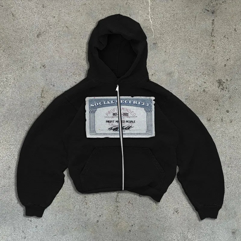 A loose-fitting unisex hoodie jacket with a front zipper, hood, and zip pockets, featuring a letter print.