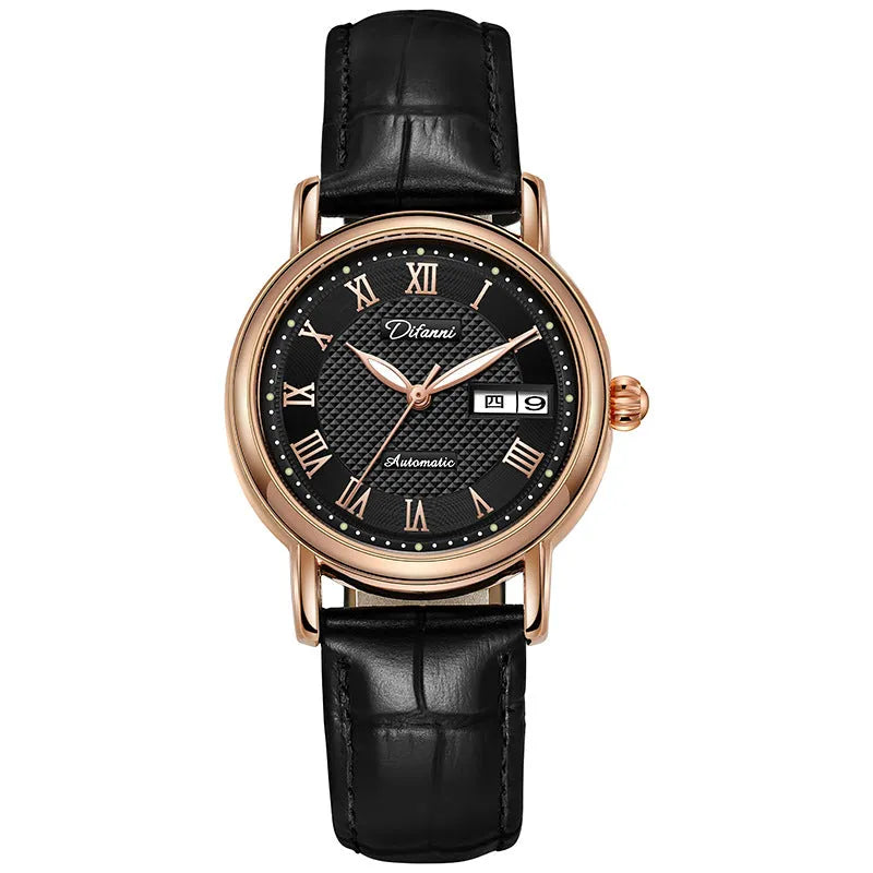 Women's automatic mechanical watch with 12mm case shown with steel belt and leather strap options.