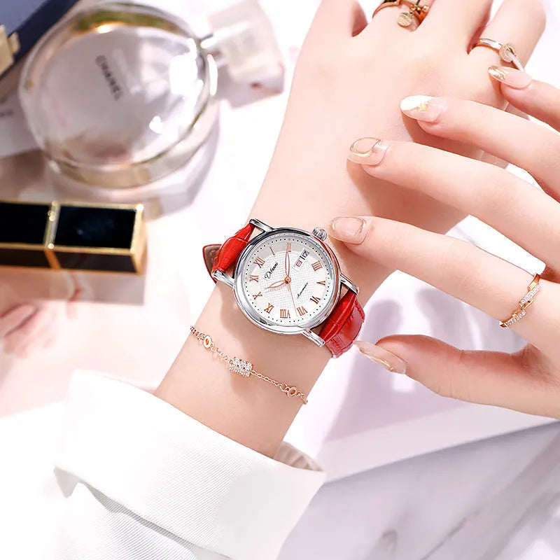 Women's automatic mechanical watch with 12mm case shown with steel belt and leather strap options.