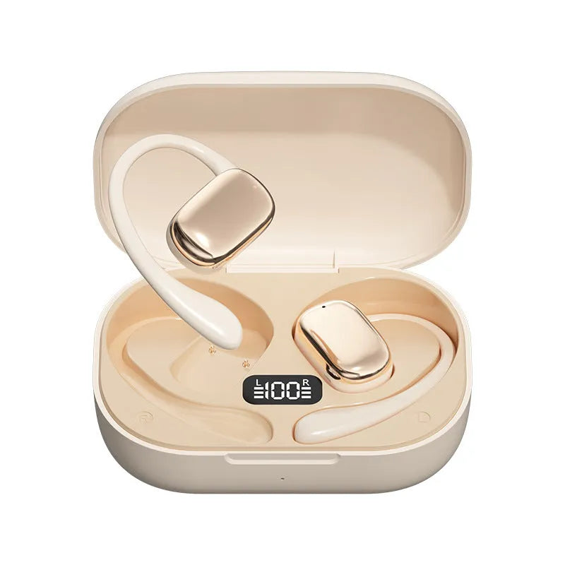 Ear-mounted wireless headphones with digital display screen in black colour