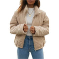 Women's apricot corduroy wadded jacket with stand collar and full-length front zipper.