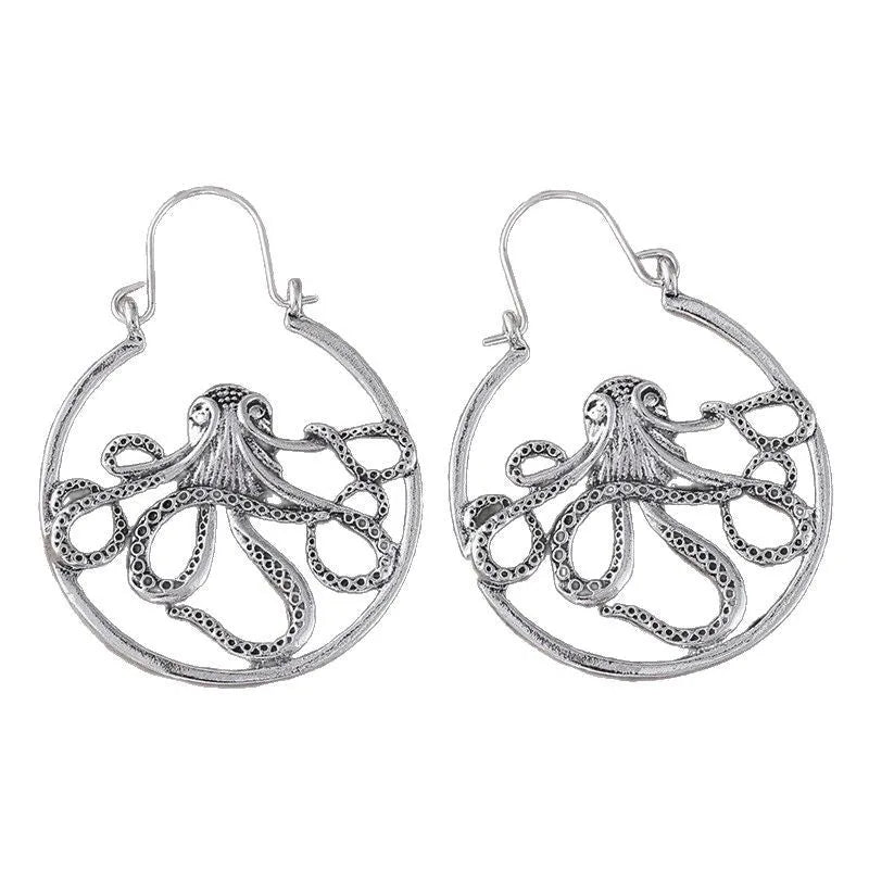 Vintage octopus earrings in antique silver zinc alloy with animal zodiac design