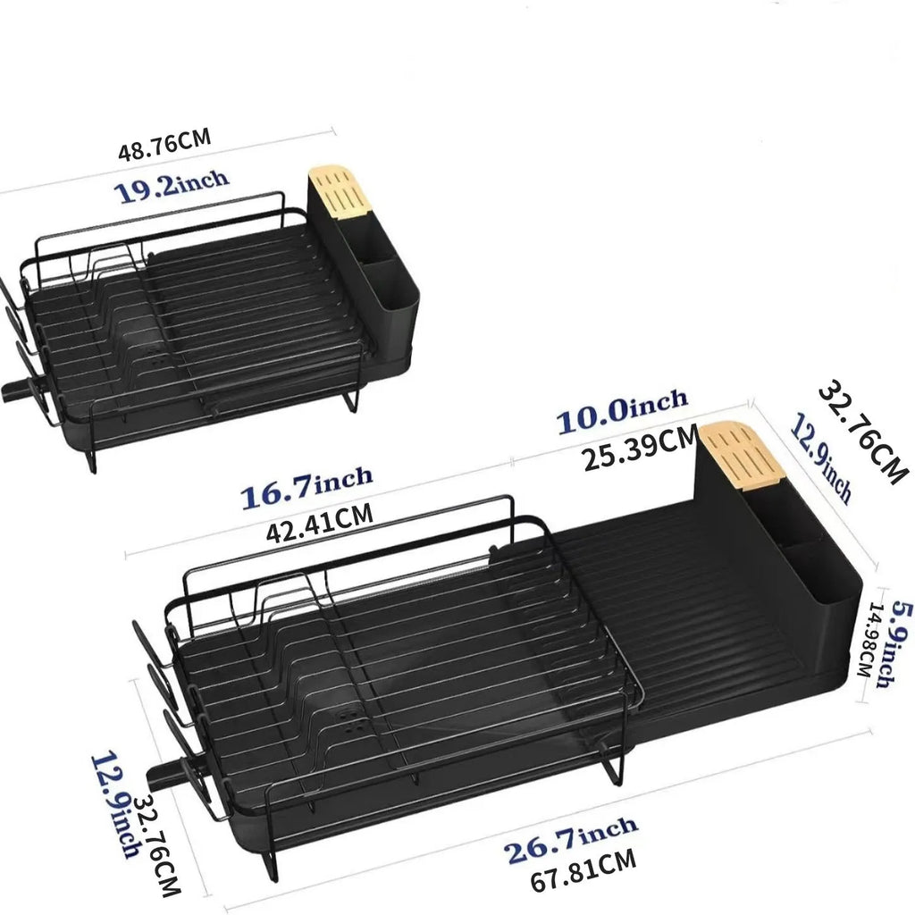 Black retractable kitchen dish drying rack for cutlery and utensils