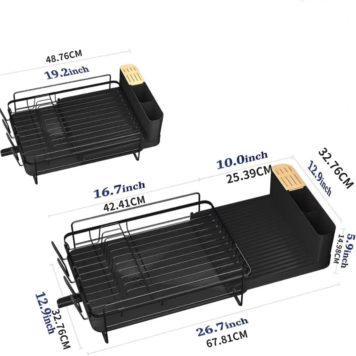 Black retractable kitchen dish drying rack for cutlery and utensils