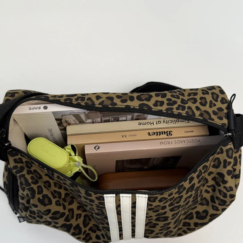 Large capacity leopard print sports style shoulder messenger bag with breathable cloth and stitching details