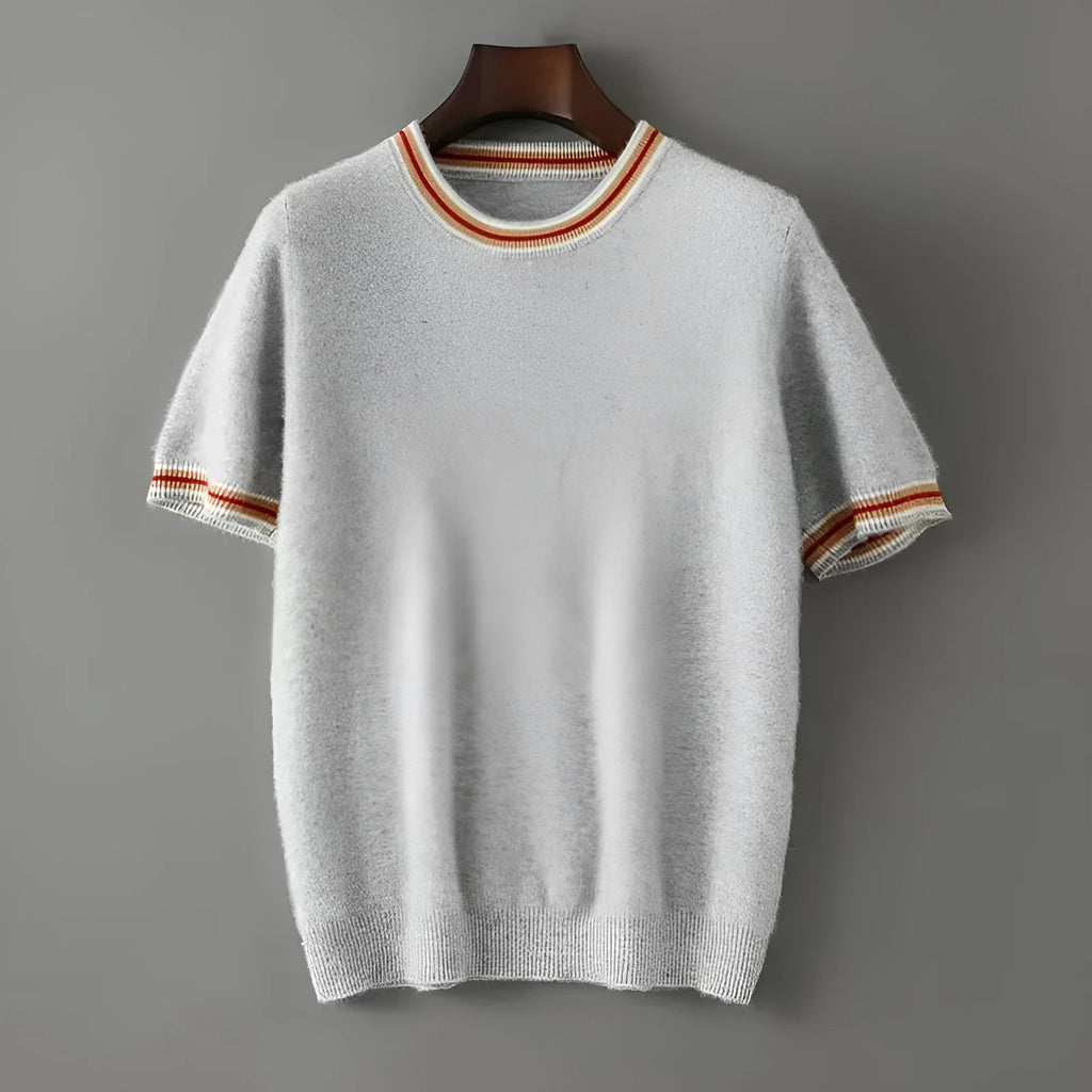 Men's grey pure wool short sleeve round neck pullover sweater on a hanger.
