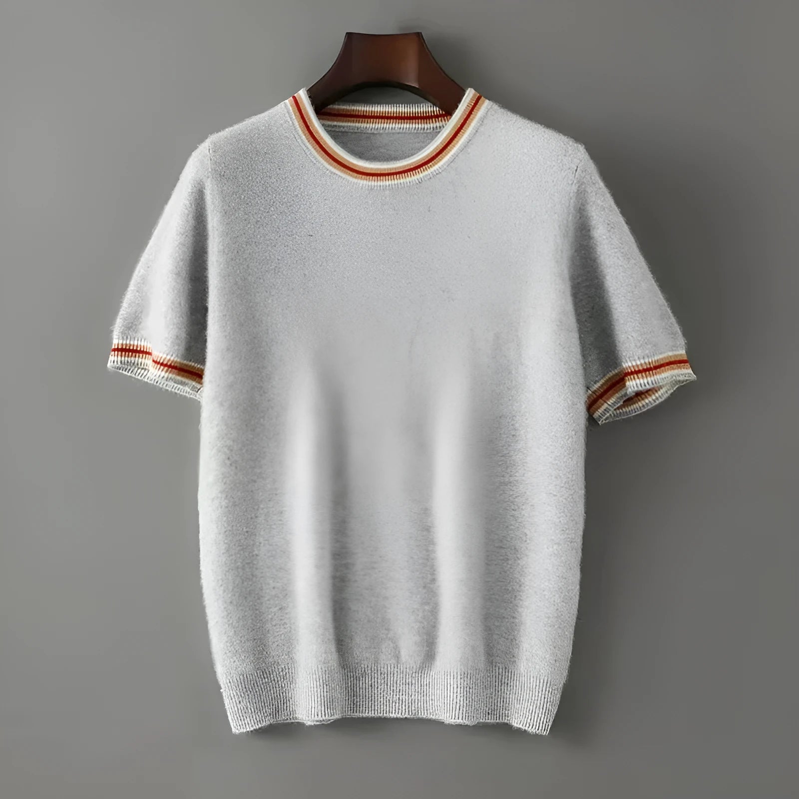 Men's grey pure wool short sleeve round neck pullover sweater on a hanger.