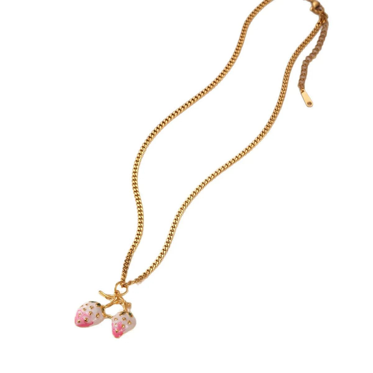 Women's strawberry fruit pendant necklace in red and white gradient colours on an alloy chain.
